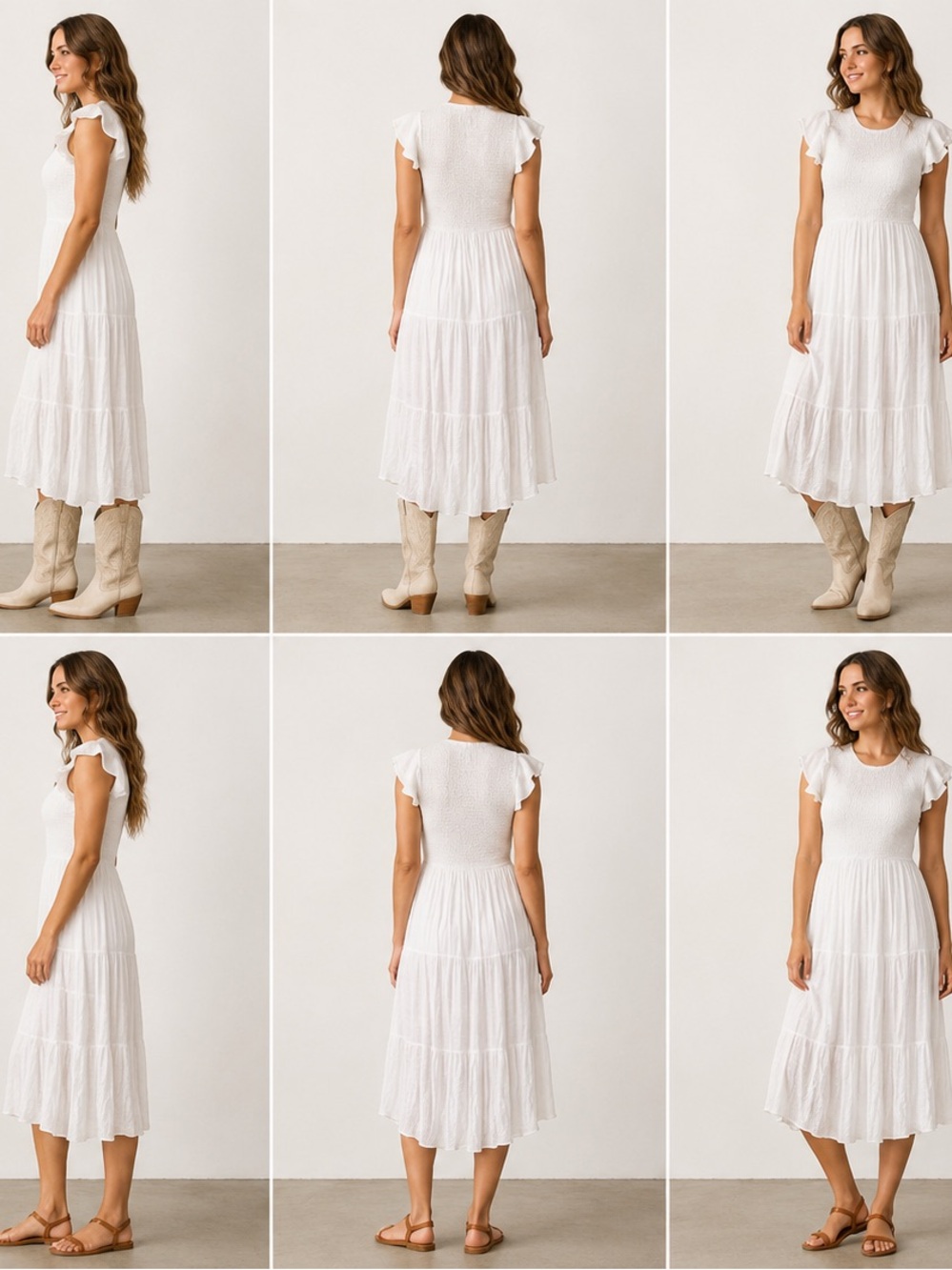 White Smocked Bodice Midi Dress with Flutter Sleeves